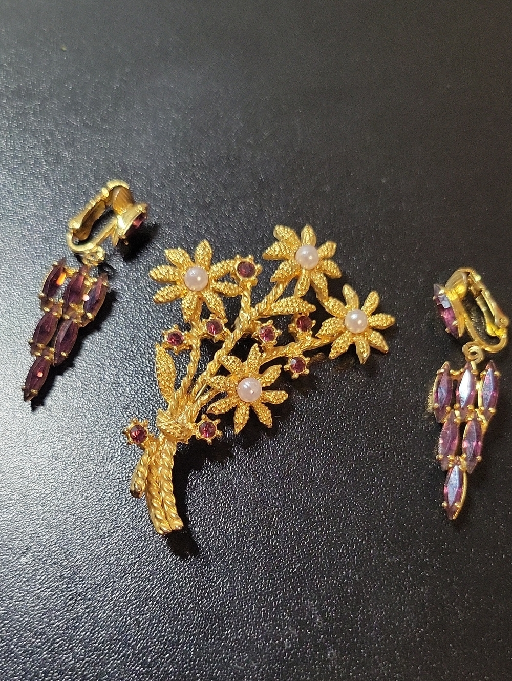 Gold-Tone Floral Bouquet Brooch with Purple Rhinestone Earrings Set